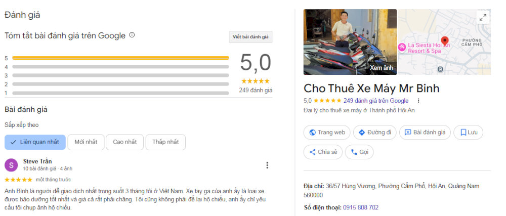 Dịch vụ tại Mr. Bình nhận 4.9 sao với hơn 500 lượt đánh giá trên Google